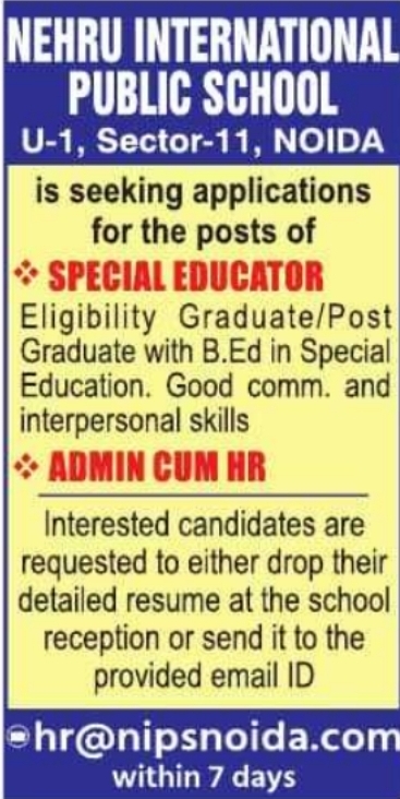 Vacancy Notice for Special Educator and HR by Nehru International Public School