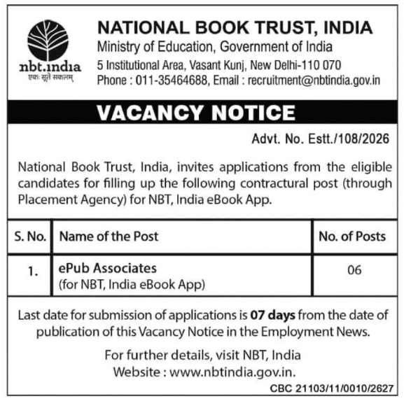 Vacancy Notice: Recruitment for ePub Associates for NBT eBook App