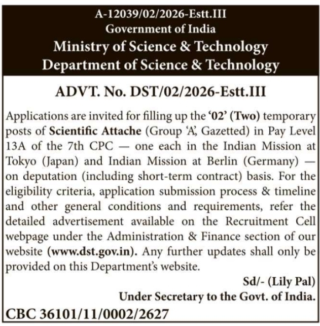 Vacancy Notice: Recruitment for Scientific Attache Posts in Foreign Missions