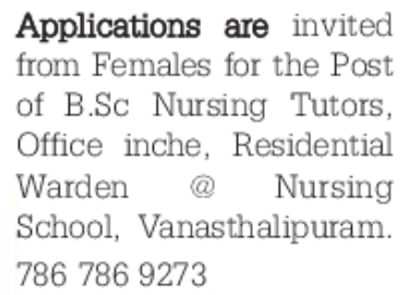 Vanasthalipuram Nursing School Staff Recruitment