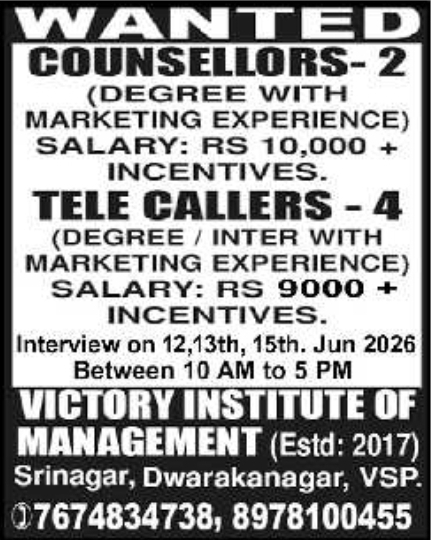 Victory Institute Visakhapatnam 2026 Recruitment