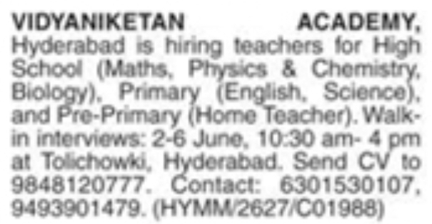 Vidyaniketan Academy Teacher Vacancies