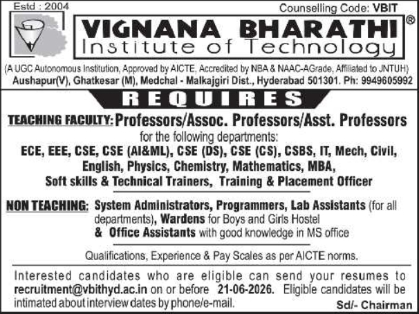 Vignana Bharathi Institute of Technology Recruitment