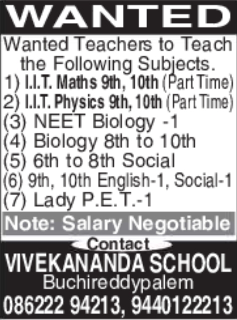 Vivekananda School Buchireddypalem Multiple Teaching Positions