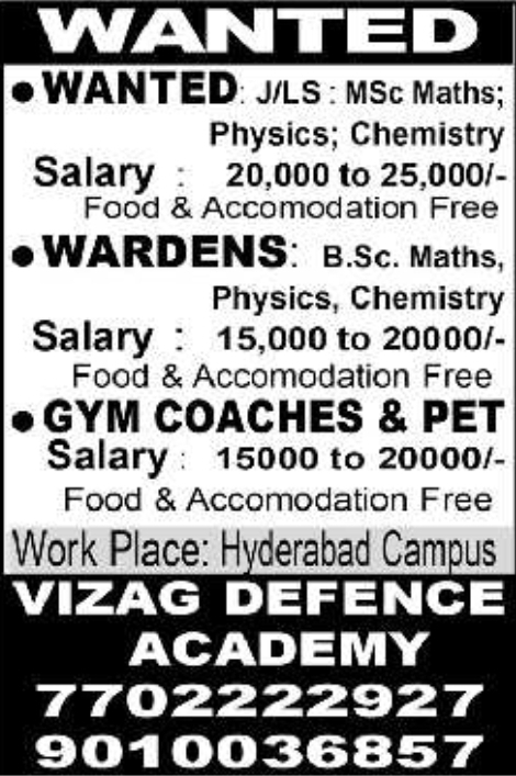 Vizag Defence Academy: Multiple Staff Openings