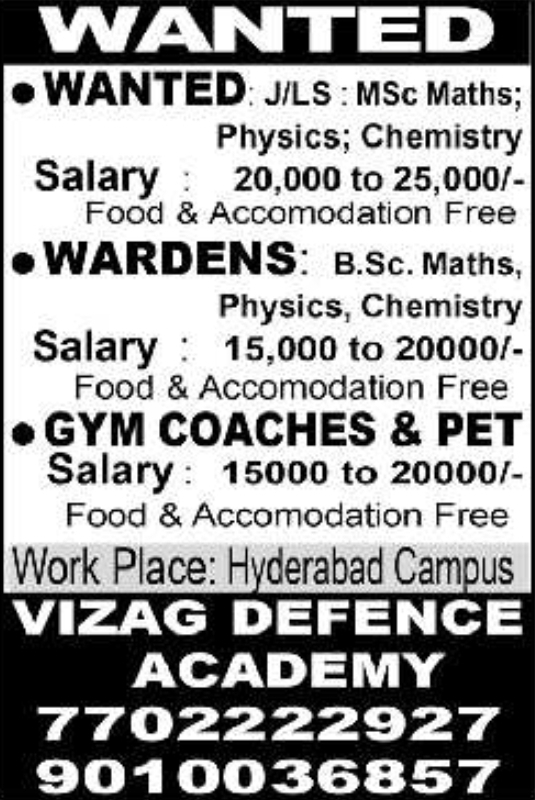Vizag Defence Academy: Staff Recruitment