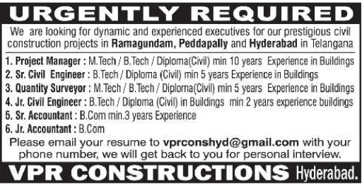 VPR Constructions Civil Project Job Vacancies