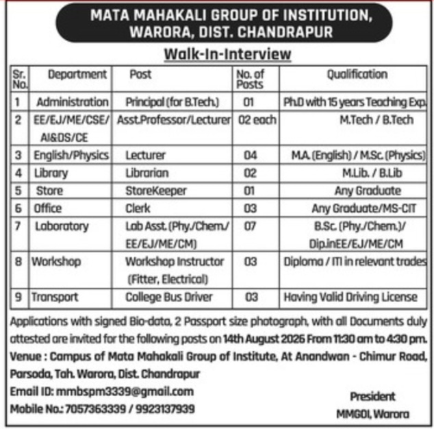 Walk-In-Interview at Mata Mahakali Group of Institutions, Chandrapur