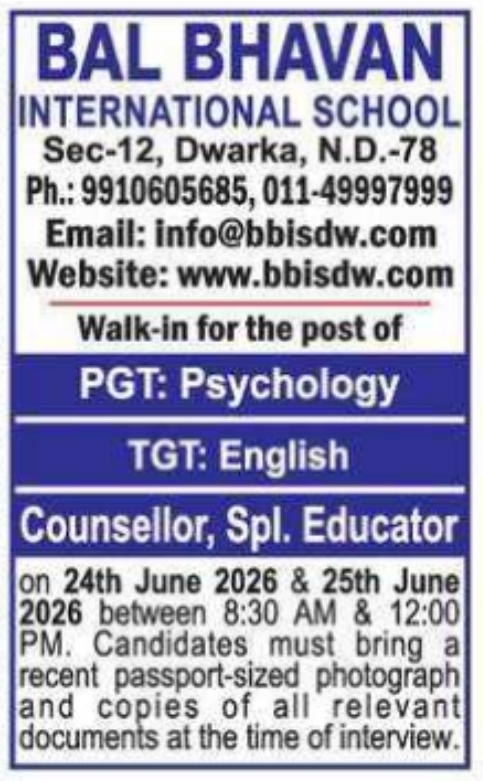 Walk-in-Interview: Bal Bhavan International School
