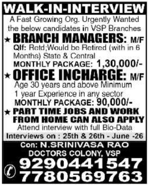 Walk-In Interview: Corporate Openings in Visakhapatnam