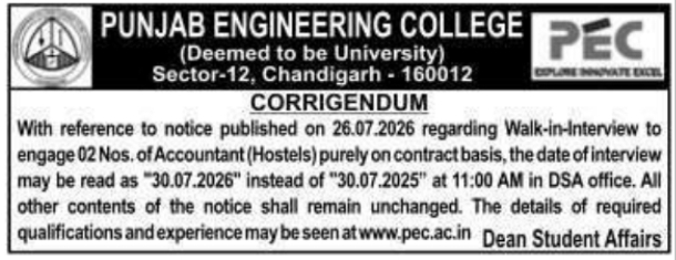 Walk-In Interview Corrigendum Notice by Punjab Engineering College