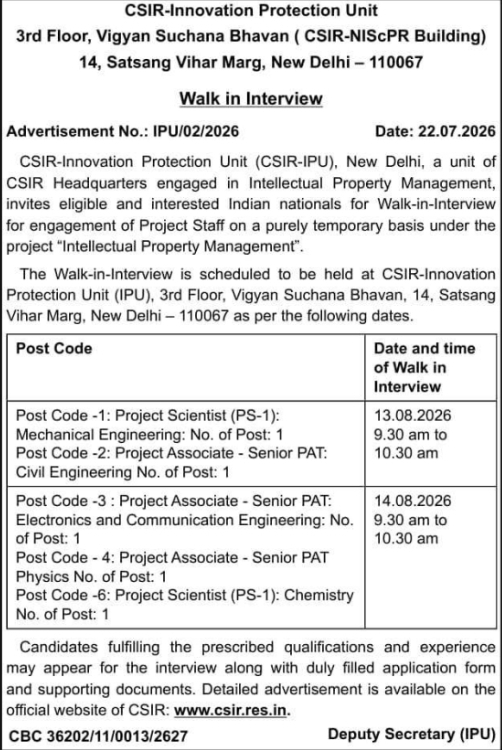 Walk-In Interview: CSIR Temporary Project Staff Recruitment