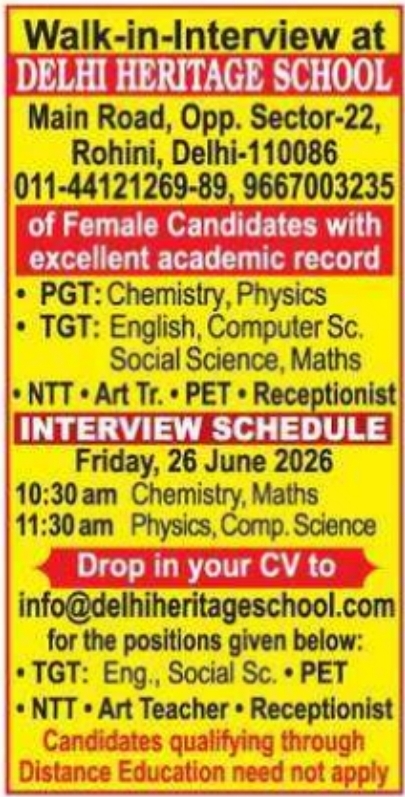 Walk-in-Interview: Delhi Heritage School