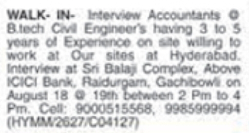 Walk-in Interview for Civil Engineers & Accountants