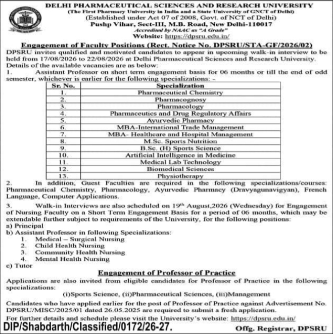 Walk-In-Interview for Faculty Positions by Delhi Pharmaceutical Sciences and Research University