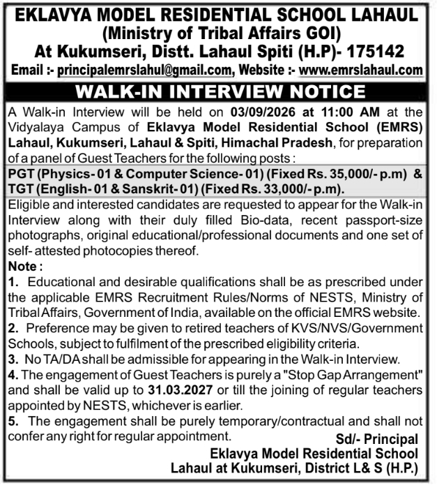 Walk-in Interview for Guest Teachers by EMRS Lahaul Spiti