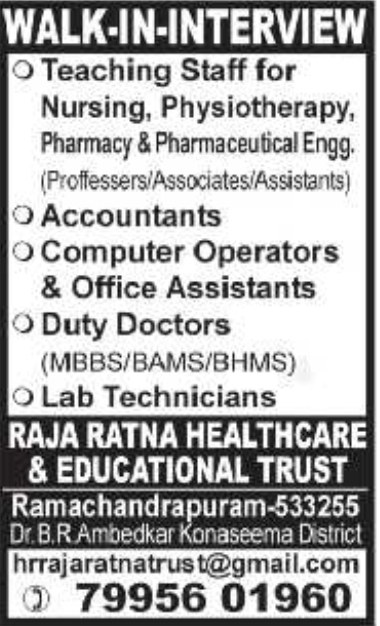Walk-In Interview For Multiple Healthcare & Educational Staff in Ramachandrapuram
