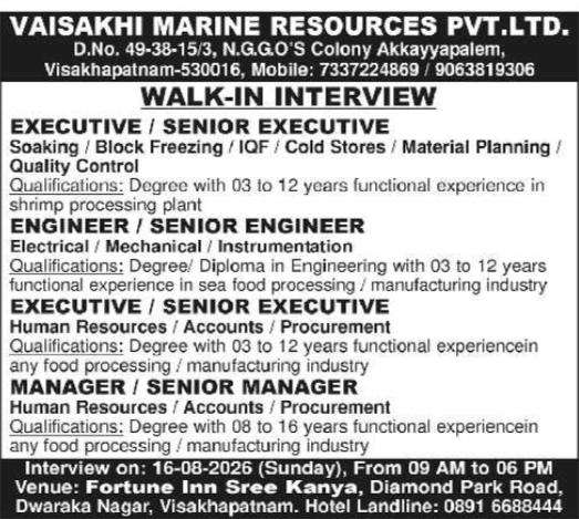 Walk-In Interview for Multiple Plant Operations by Vaisakhi Marine Resources