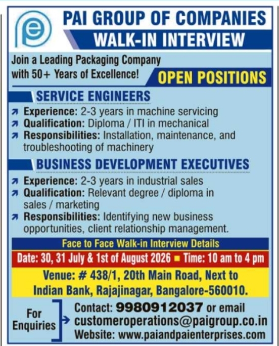Walk-In Interview for Multiple Positions by PAI Group of Companies
