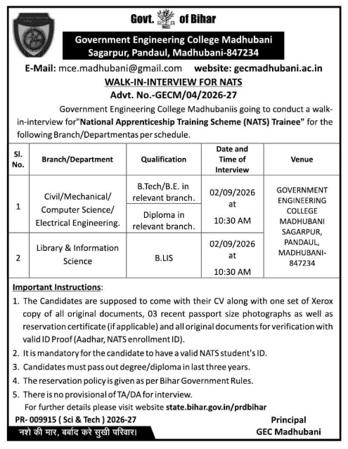 Walk-In Interview for NATS Apprentices at GEC