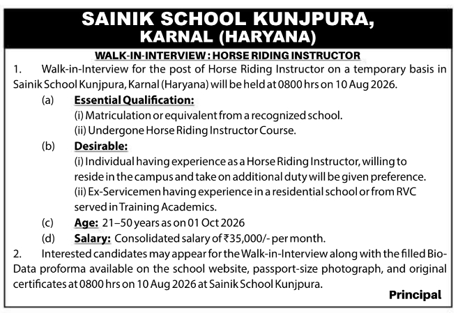 Walk-In Interview for School Horse Riding Instructor