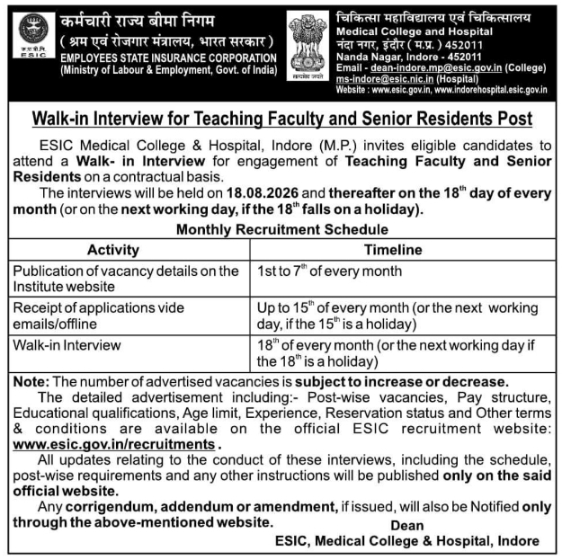 Walk-in Interview for Teaching Faculty and Senior Residents at ESIC Medical College