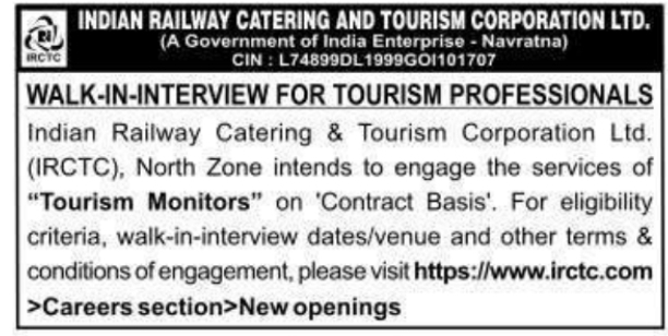 Walk-In Interview for Tourism Monitors by IRCTC North Zone