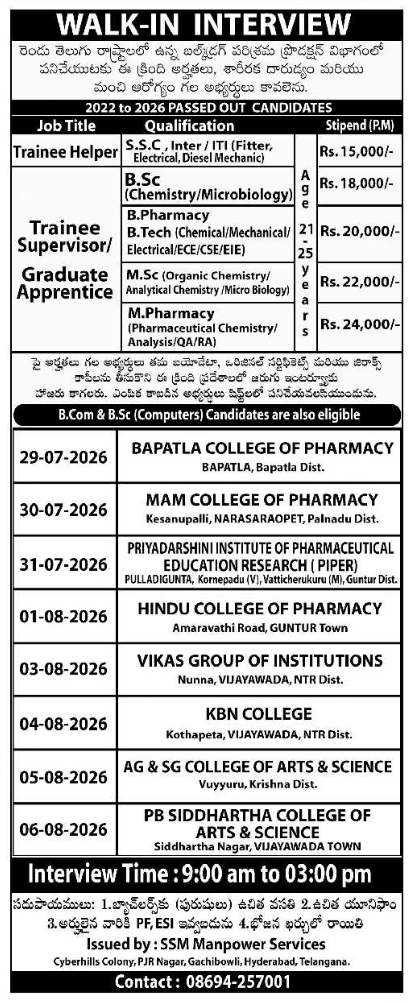 Walk-In Interview for Trainee Helpers & Supervisors & Graduate Apprentices at SSM Manpower Services