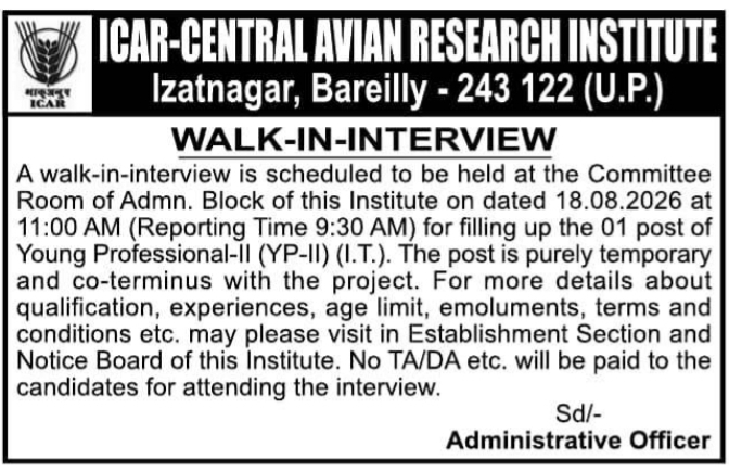 Walk-In-Interview for Young Professional-II (I.T.) by ICAR-Central Avian Research Institute
