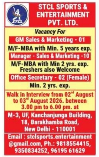 Walk-In Interview: GM Sales, Sales Managers & Office Secretary