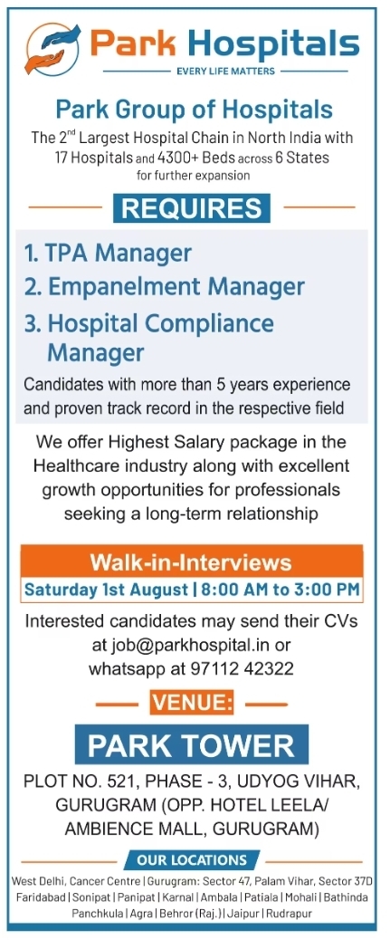 Walk-In Interview: Healthcare Management Roles at Park Hospitals