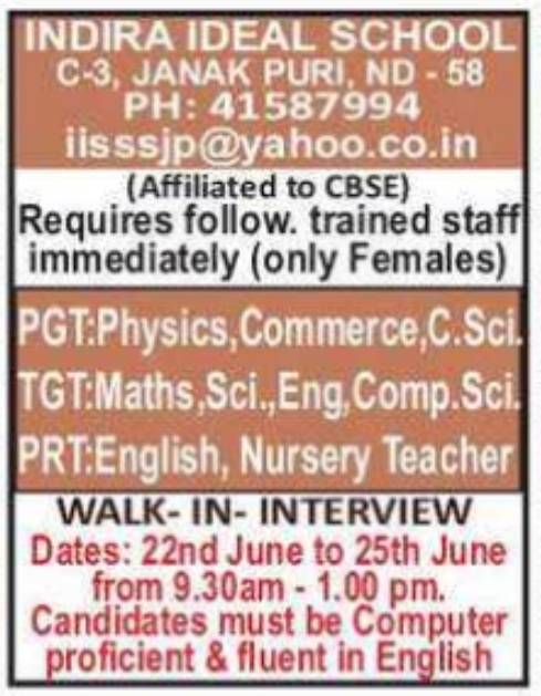 Walk-in-Interview: Indira Ideal School