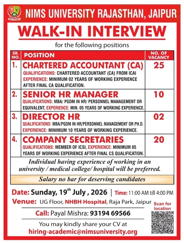 Walk-In Interview: NIMS University Rajasthan Corporate Recruitment
