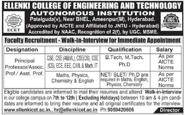 Walk-In Interview Notice for Faculty Recruitment by Ellenki College