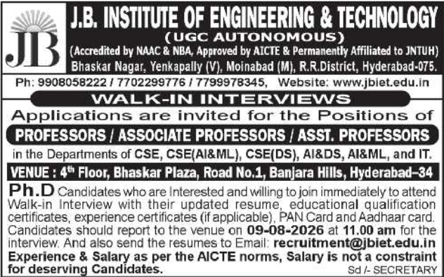 Walk-In Interview Notice for Faculty Roles by JBIET