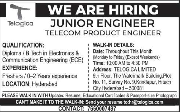 Walk-In Interview Notice for Junior Engineers by Telogica Limited