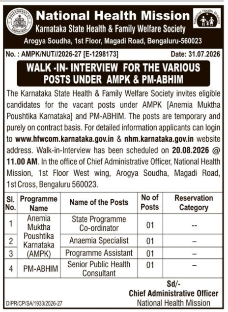Walk-In-Interview Notice for National Health Mission Vacancies