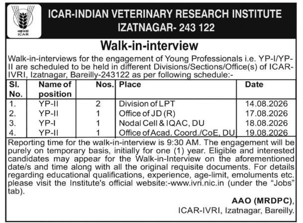Walk-in-Interview Notice for Young Professionals by ICAR-IVRI