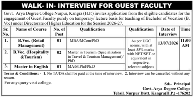 Walk-In-Interview Notice: Guest Faculty Recruitment