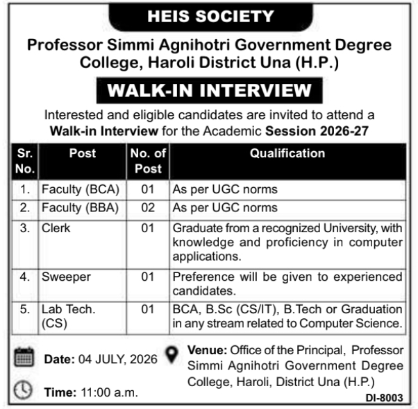 Walk-in Interview Notice: Multiple Staff Roles for Professor Simmi Agnihotri Government Degree College
