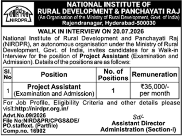 Walk-in Interview Notice: Project Assistant Recruitment for NIRDPR