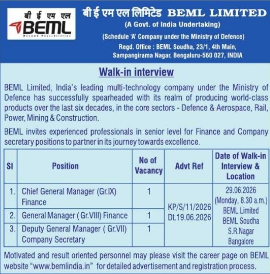 Walk-in Interview Notice: Senior Executives BEML Bengaluru