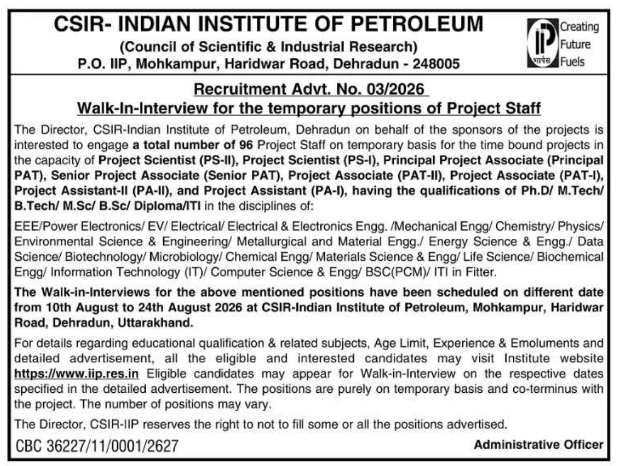 Walk-In-Interview Notice for 96 Project Staff Positions by CSIR-IIP