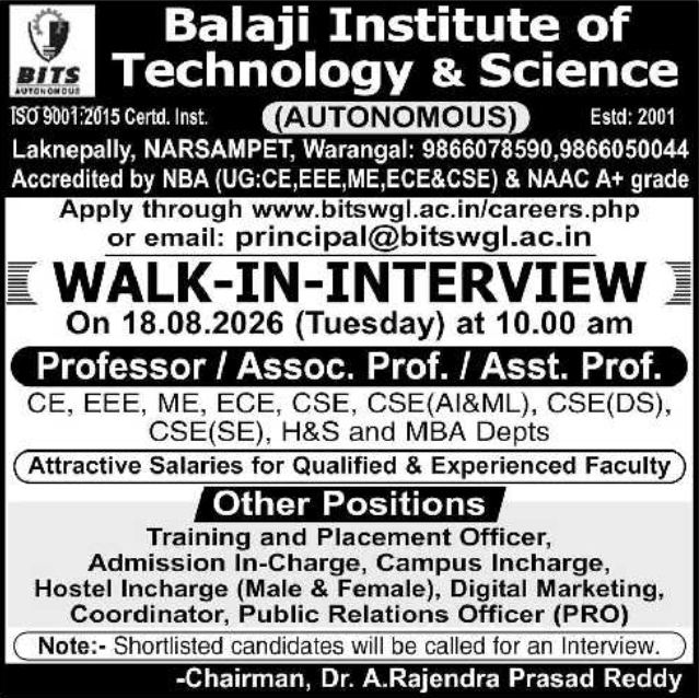 Walk-In Interview Notification for Faculty and Administrative Positions at BITS Warangal