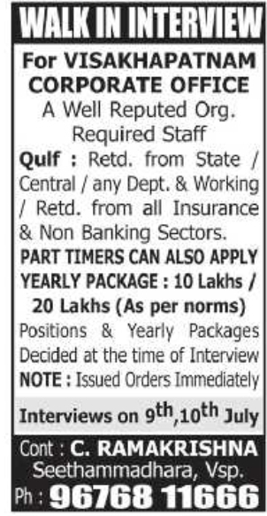 Walk-In Interview: Visakhapatnam Corporate Office Staff