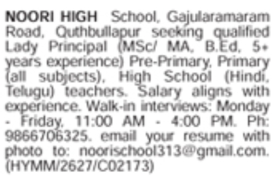 Walk-in Interviews for Lady Principal and Teachers at Noori High School