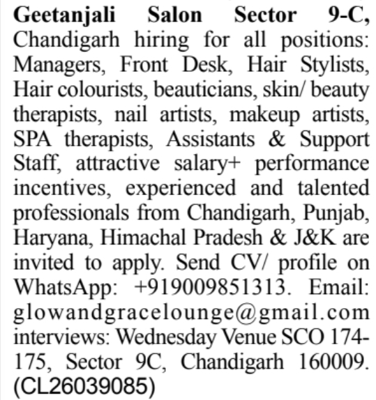 Walk-in Interviews for Multiple Positions at Geetanjali Salon