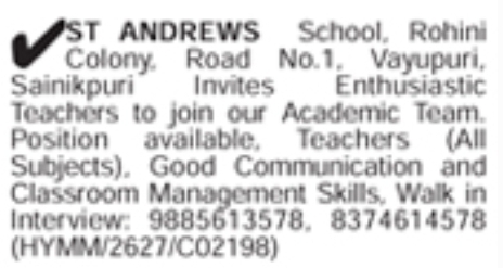Walk-in Interviews for Teachers at St. Andrews School