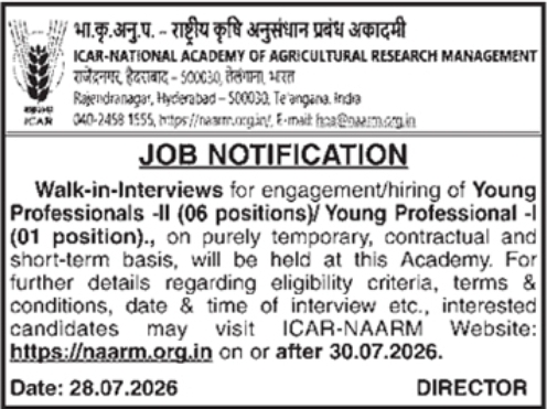 Walk-in-Interviews for Young Professionals at ICAR-NAARM