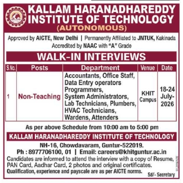 Walk-In Interviews: Non-Teaching Staff Positions